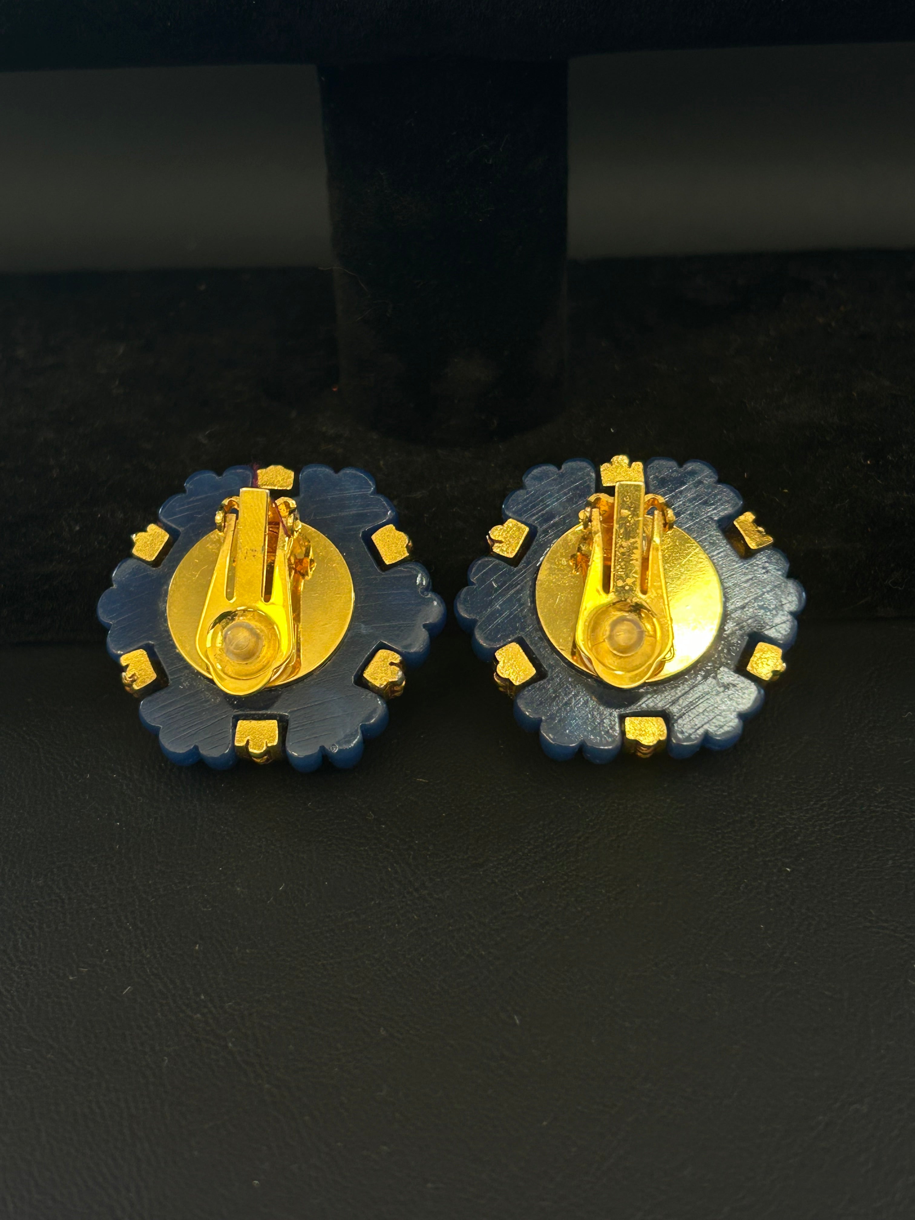 Vintage Blue & Gold Fluted Clip-On Earrings