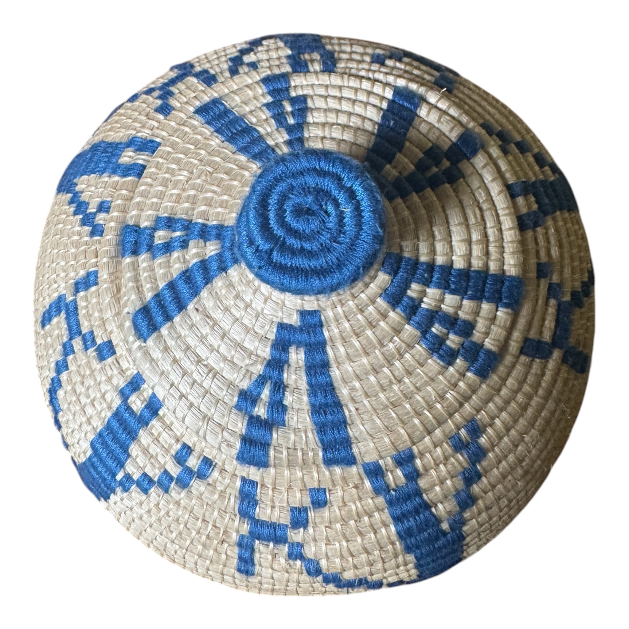 Handwoven Lidded Basket Vessel in Natural and Blue