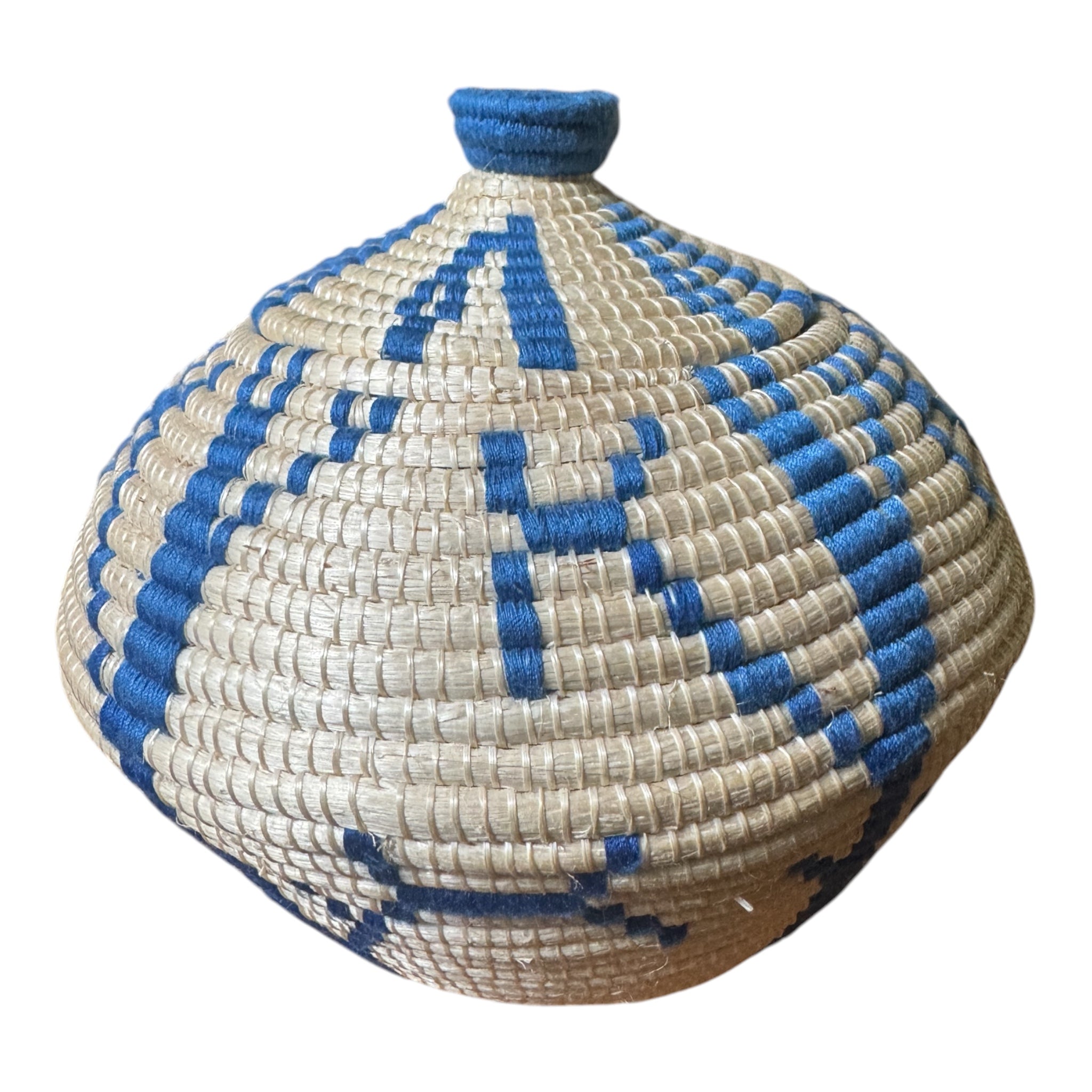 Handwoven Lidded Basket Vessel in Natural and Blue