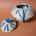 Handwoven Lidded Basket Vessel in Natural and Blue