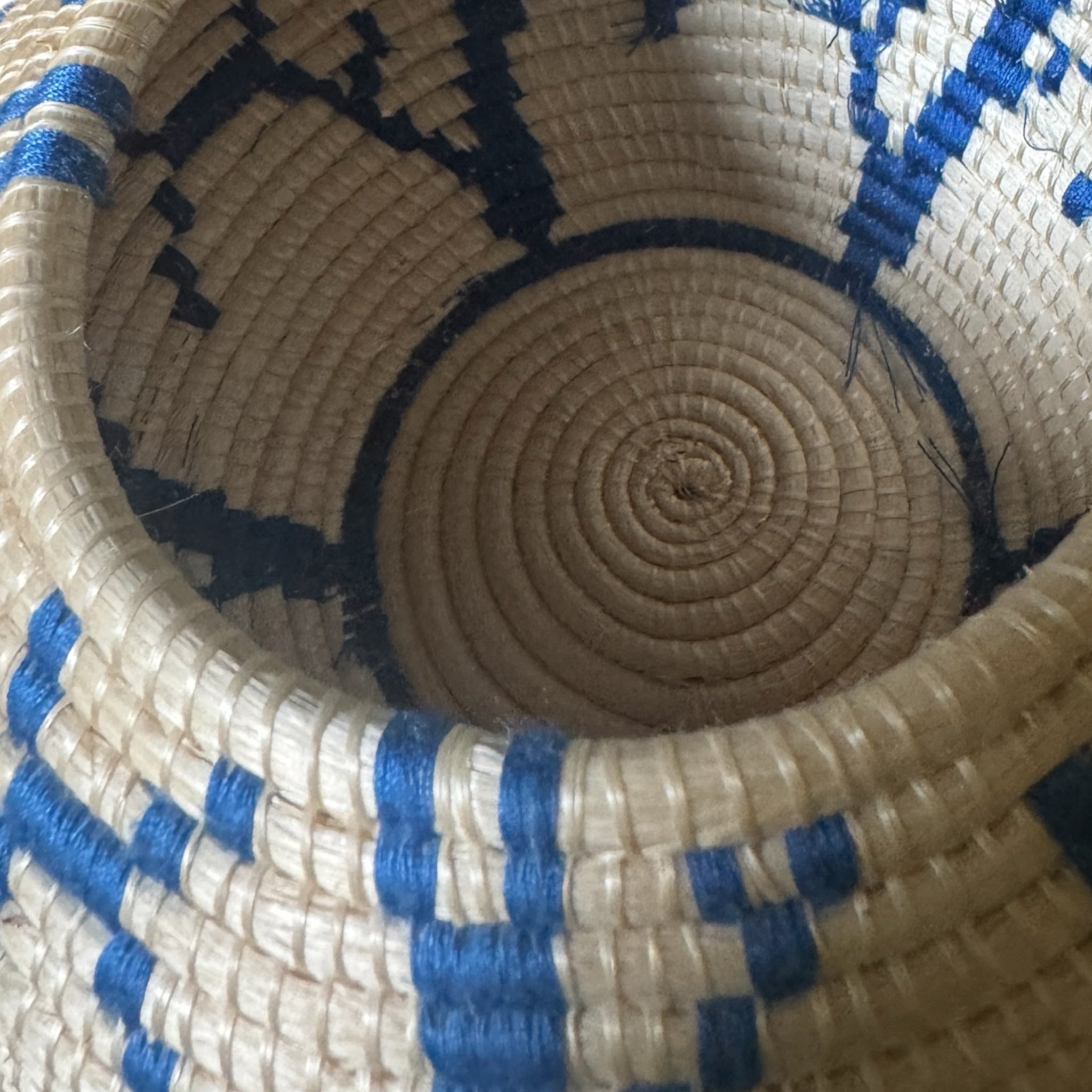 Handwoven Lidded Basket Vessel in Natural and Blue