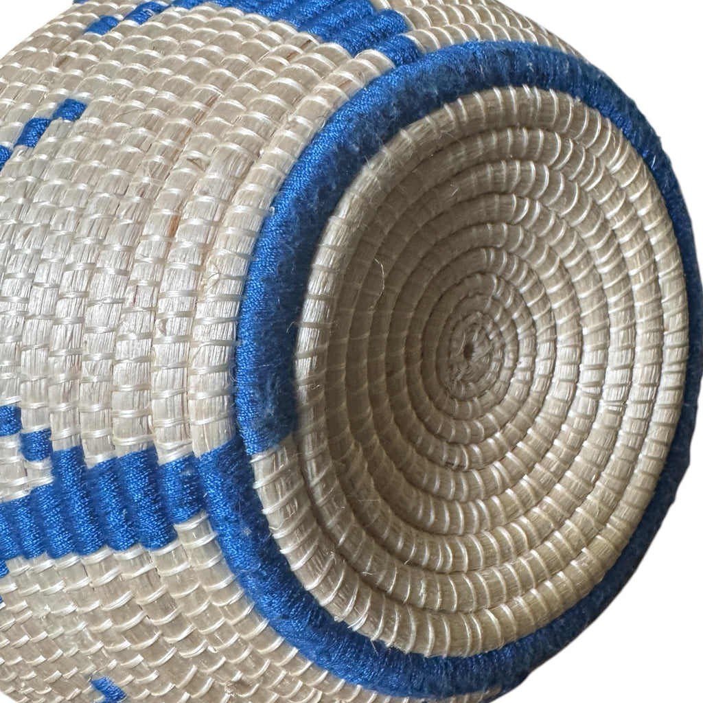 Handwoven Lidded Basket Vessel in Natural and Blue