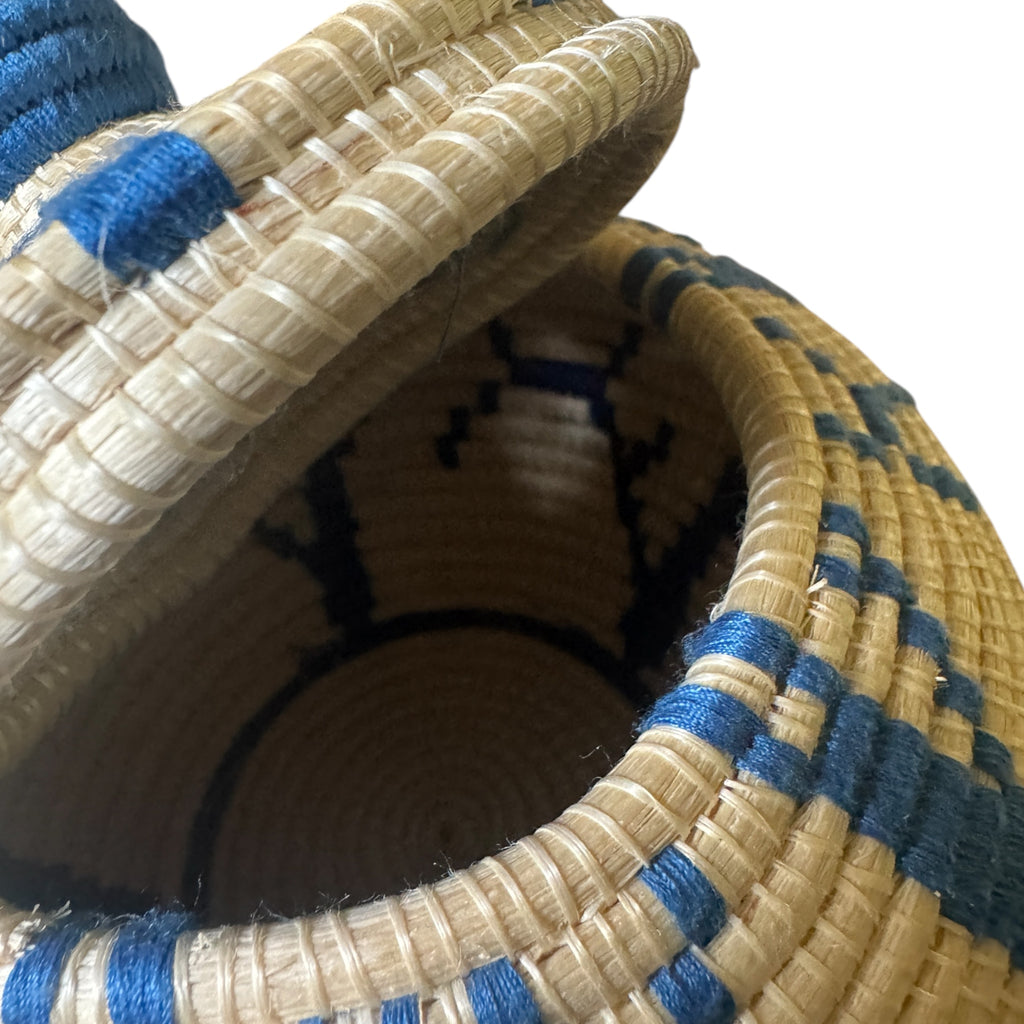 Handwoven Lidded Basket Vessel in Natural and Blue