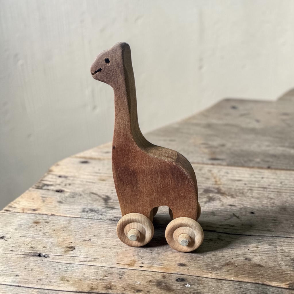 Vintage Wooden Dinosaur Pull Toy on Wheels