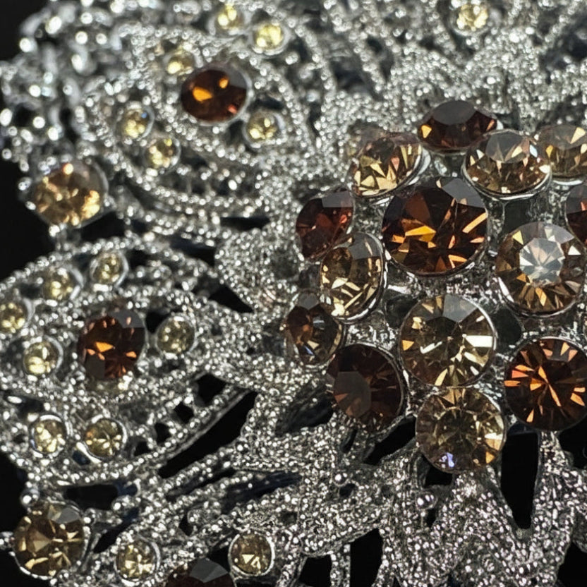 Camrose & Kross Rhinestone Brooch Pendant in Silver Tone, Amber and Champagne Crystals
