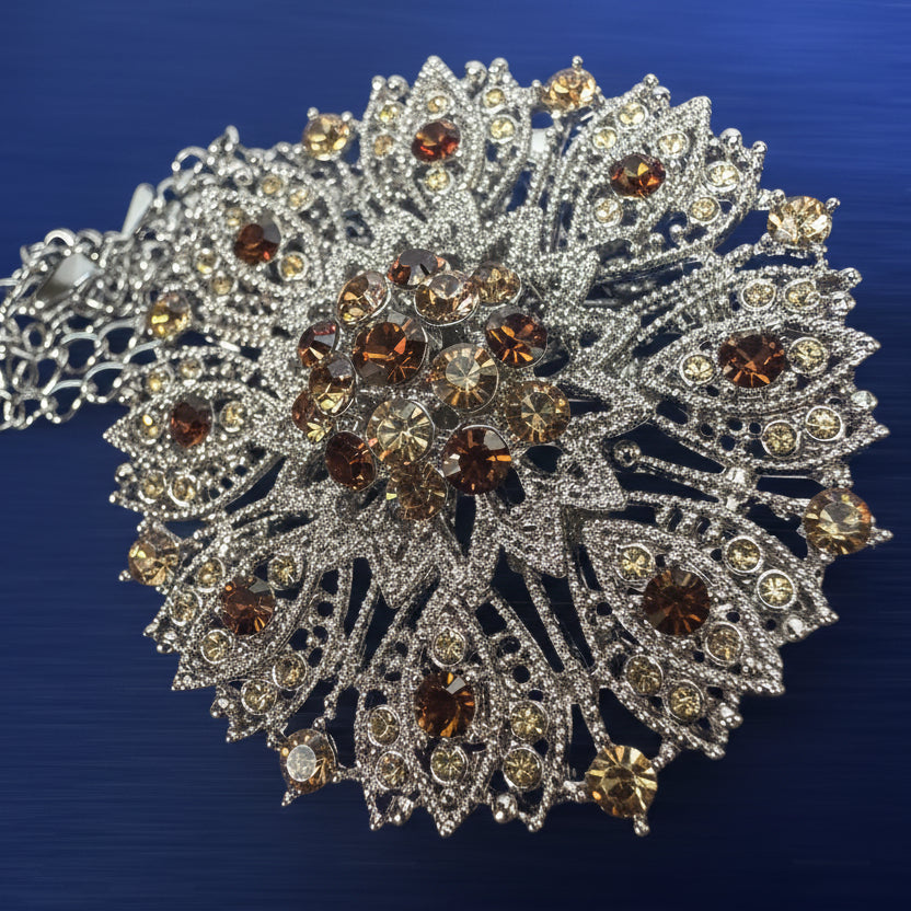 Camrose & Kross Rhinestone Brooch Pendant in Silver Tone, Amber and Champagne Crystals