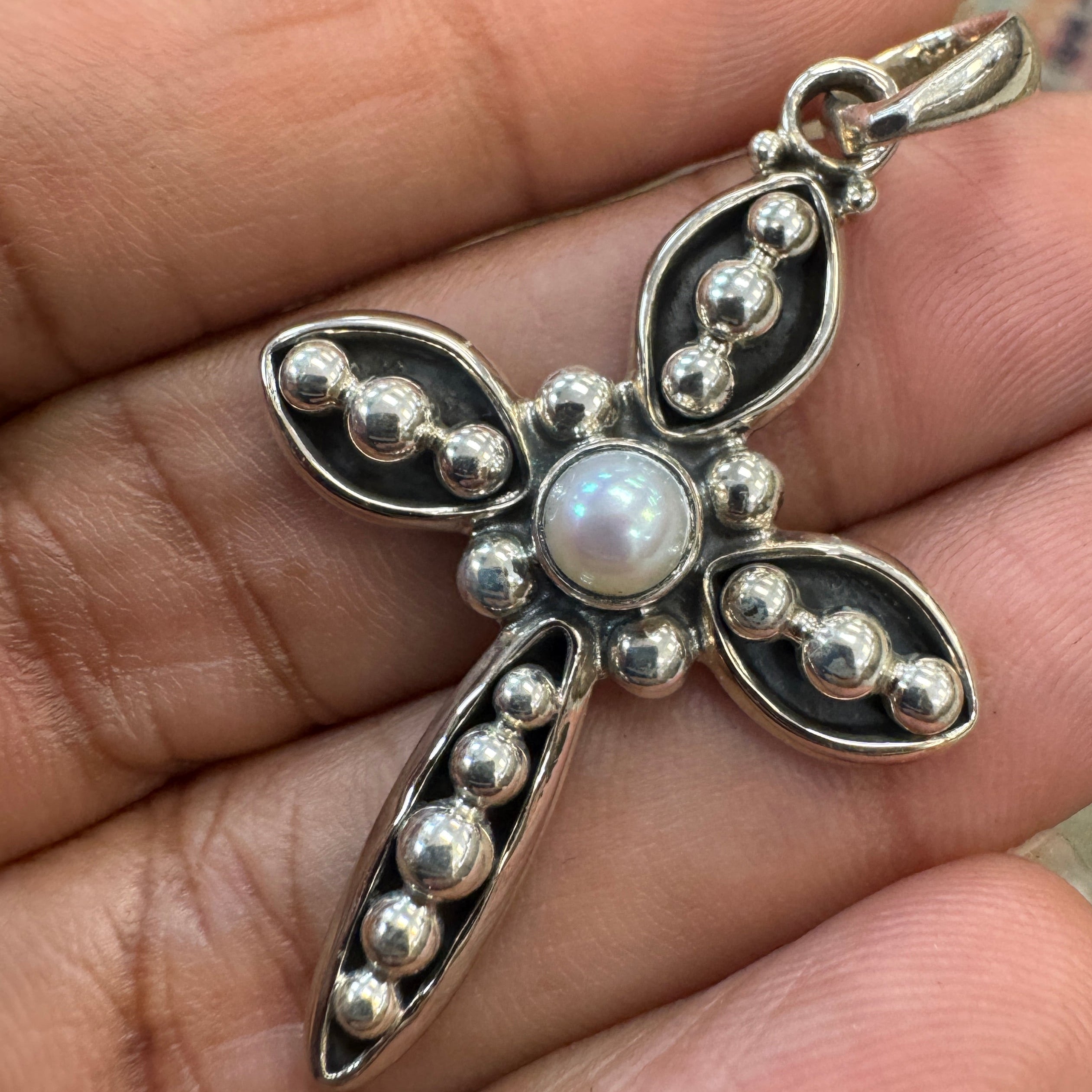 Sterling Silver Cross Pendant with Freshwater Pearl