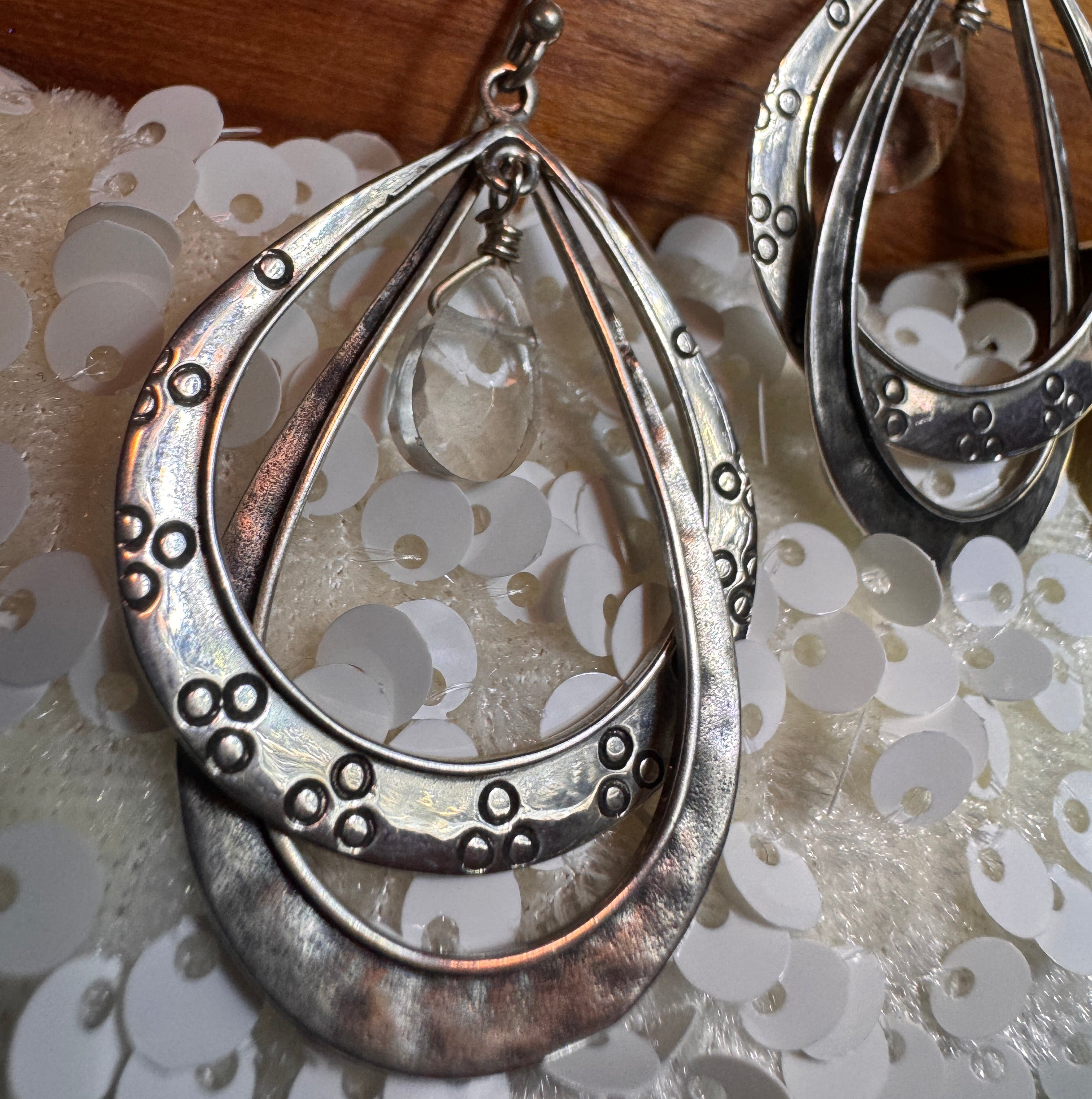 Sterling Silver Etched Hoop Crystal Drop Earrings