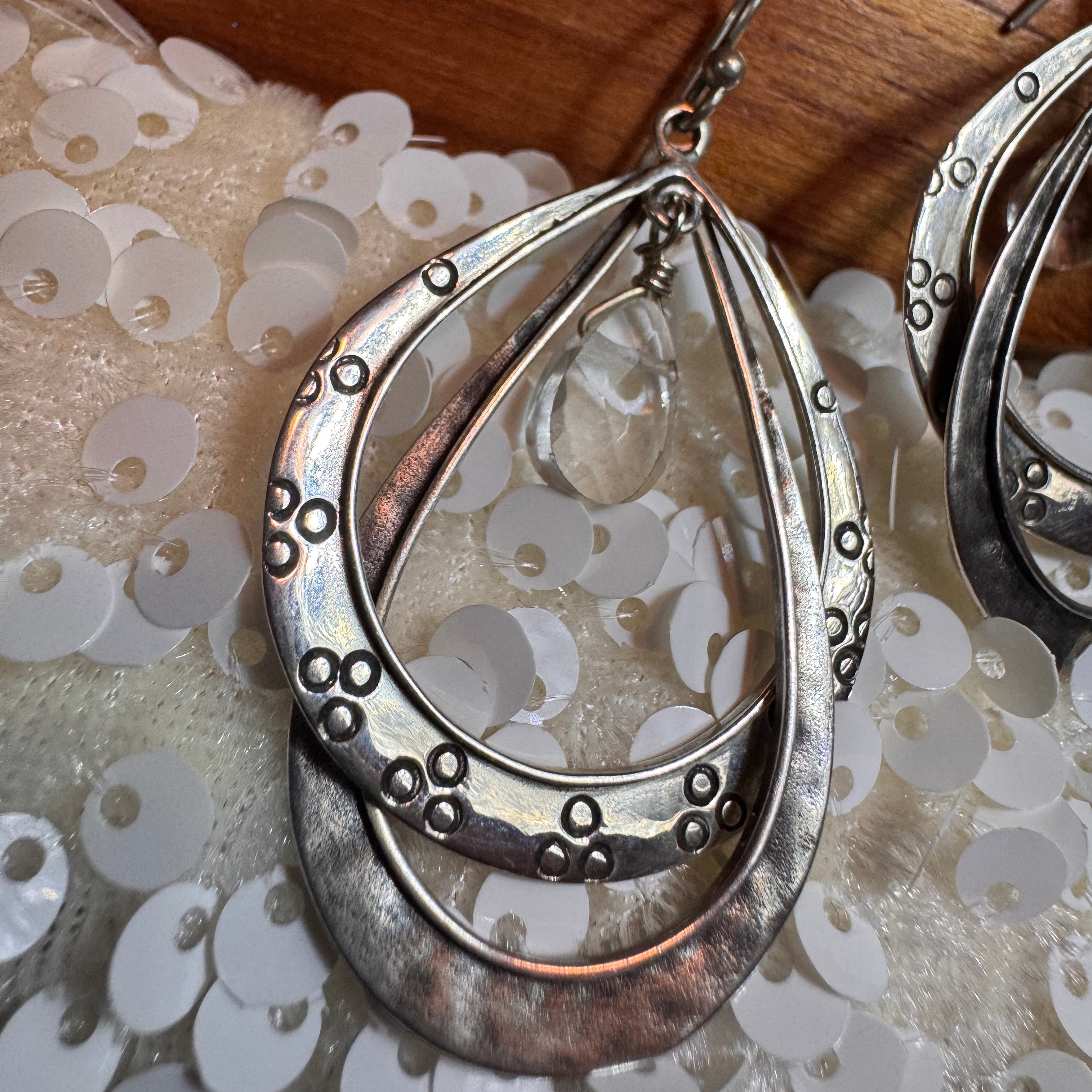 Sterling Silver Etched Hoop Crystal Drop Earrings