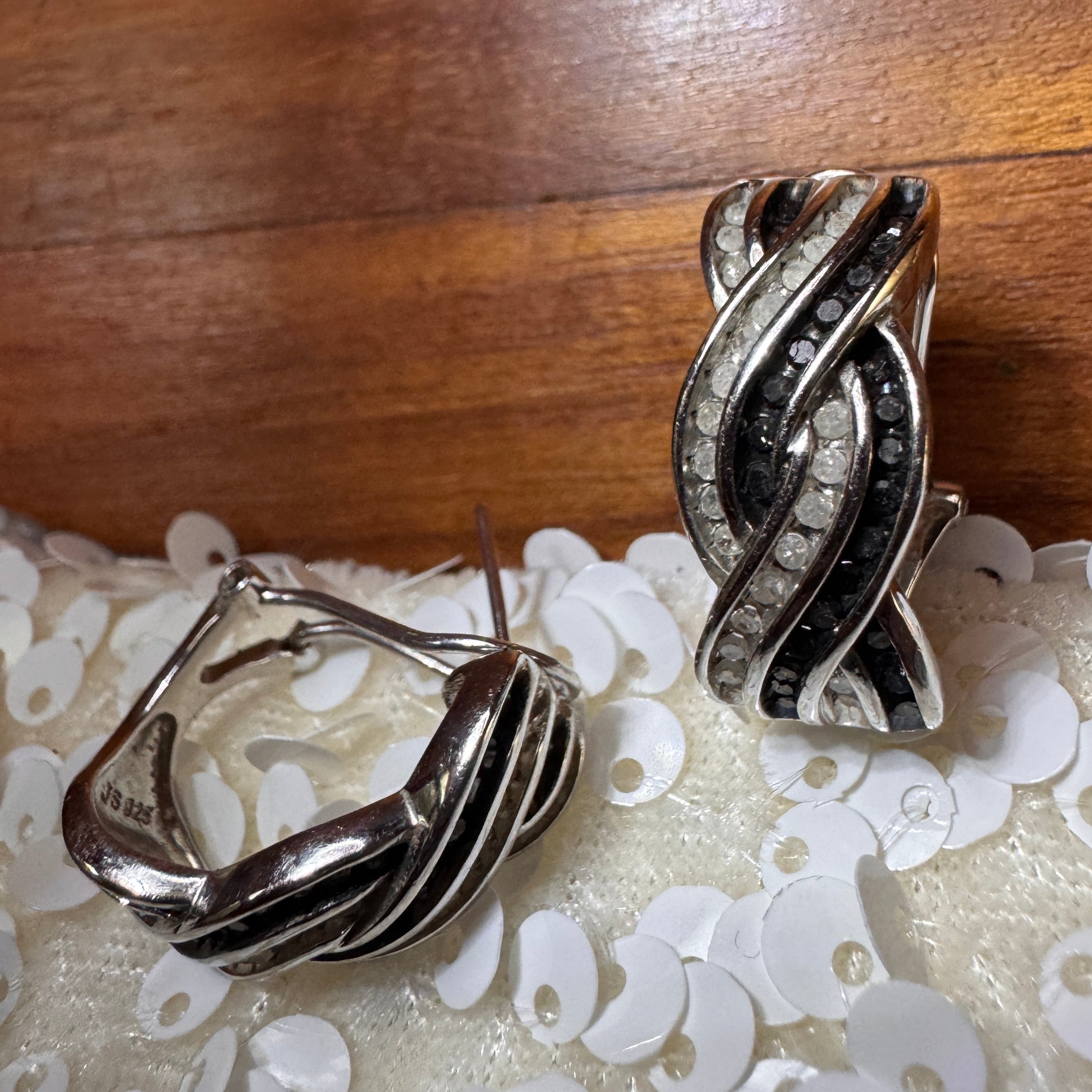 Black & White Cubic Zirconia Cross Hoop Earrings in Sterling Silver