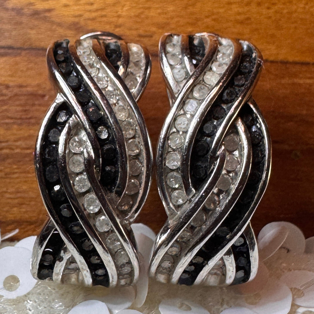 Black & White Cubic Zirconia Cross Hoop Earrings in Sterling Silver