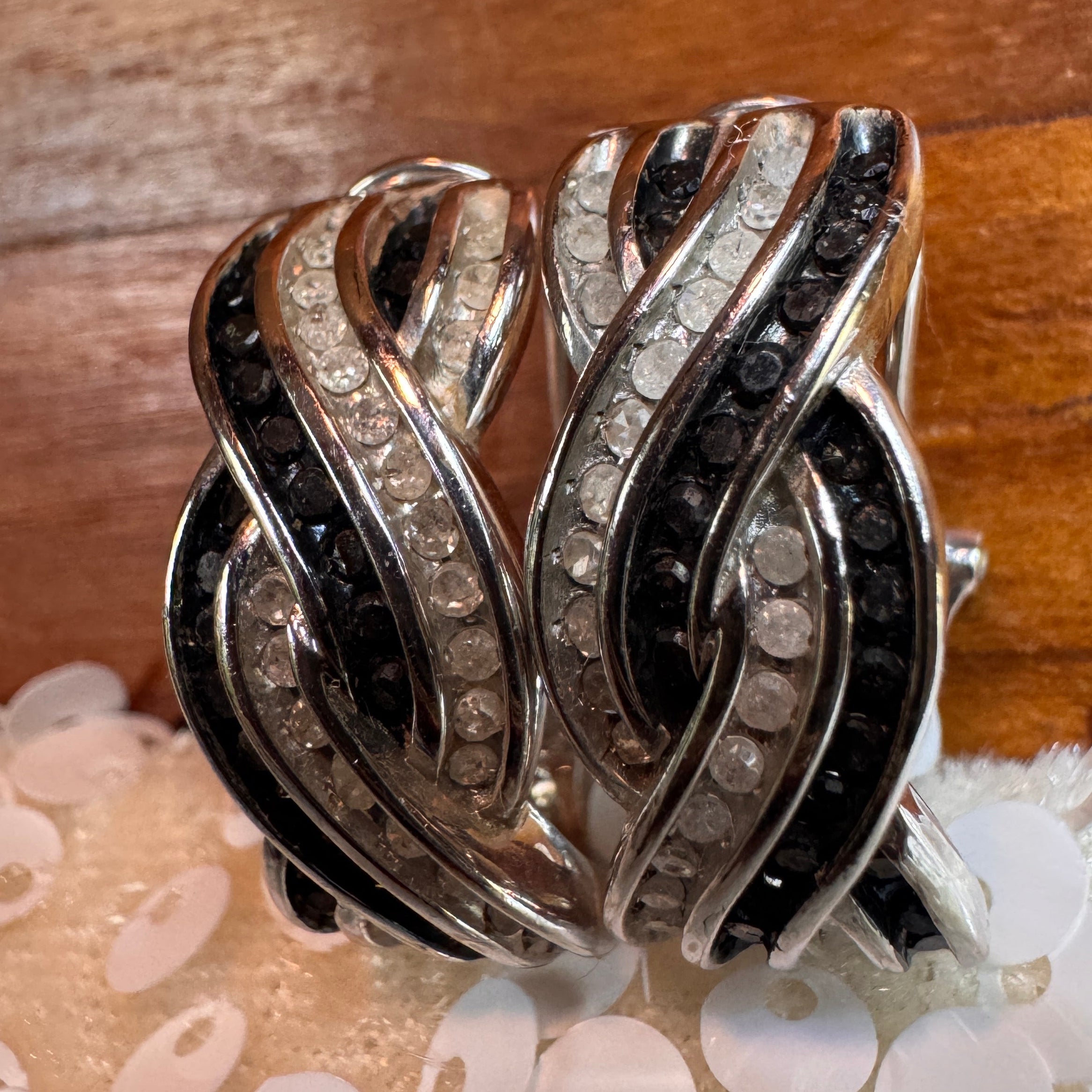 Black & White Cubic Zirconia Cross Hoop Earrings in Sterling Silver