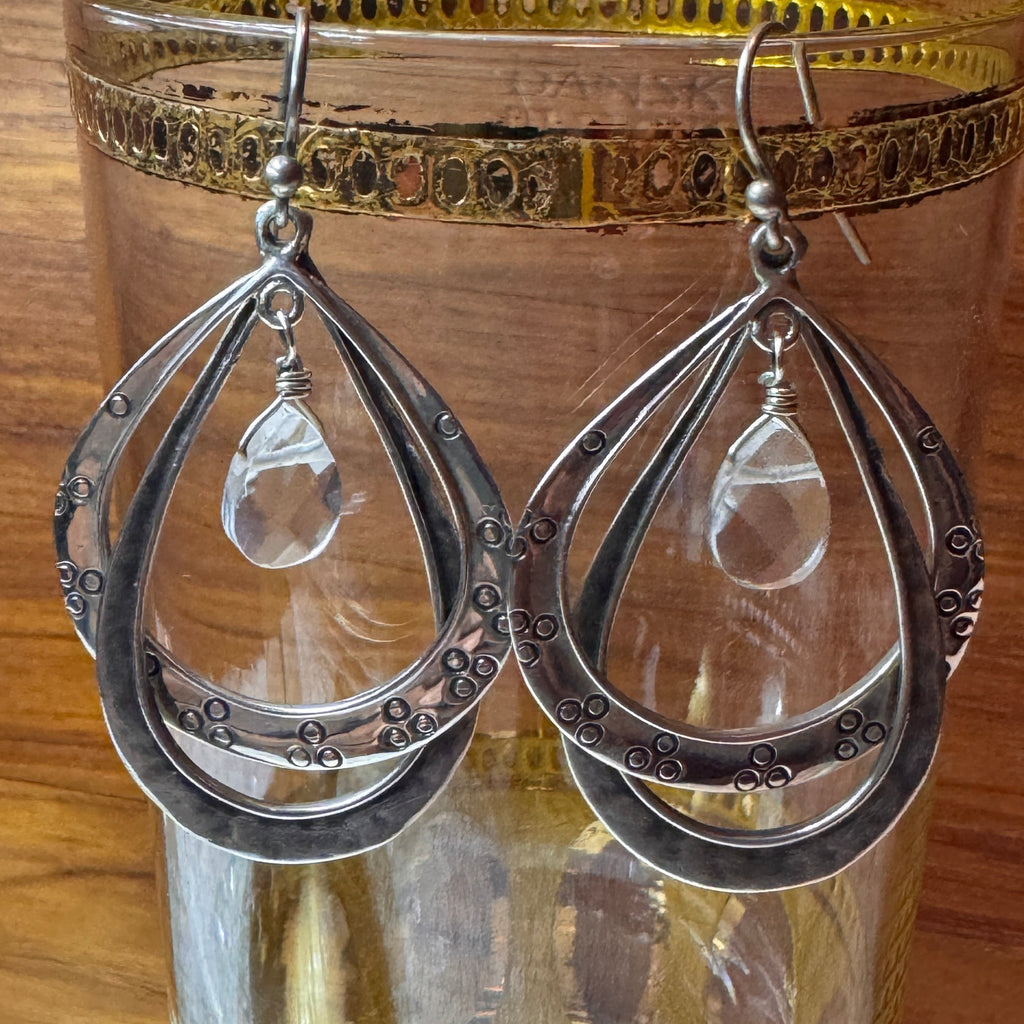 Sterling Silver Etched Hoop Crystal Drop Earrings