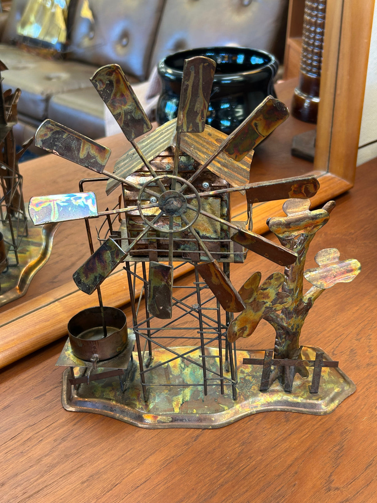1970s brutalist torch-cut copper windmill music box