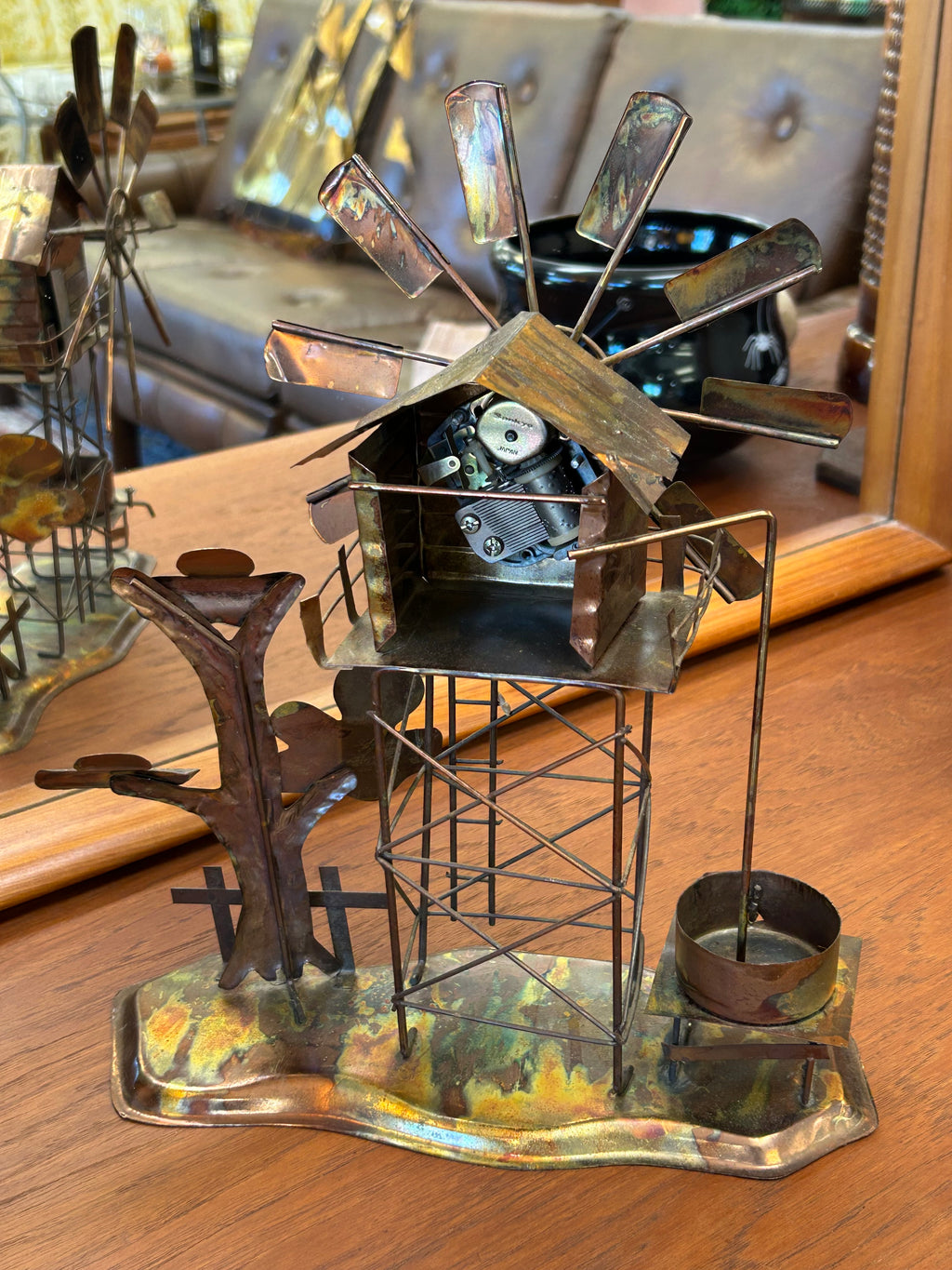 1970s brutalist torch-cut copper windmill music box