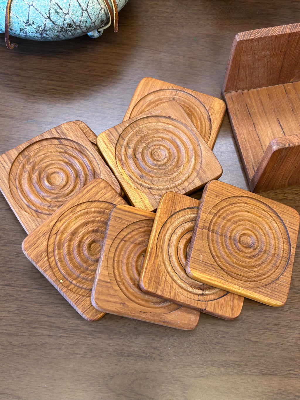 Mid-Century Modern solid teak coaster set